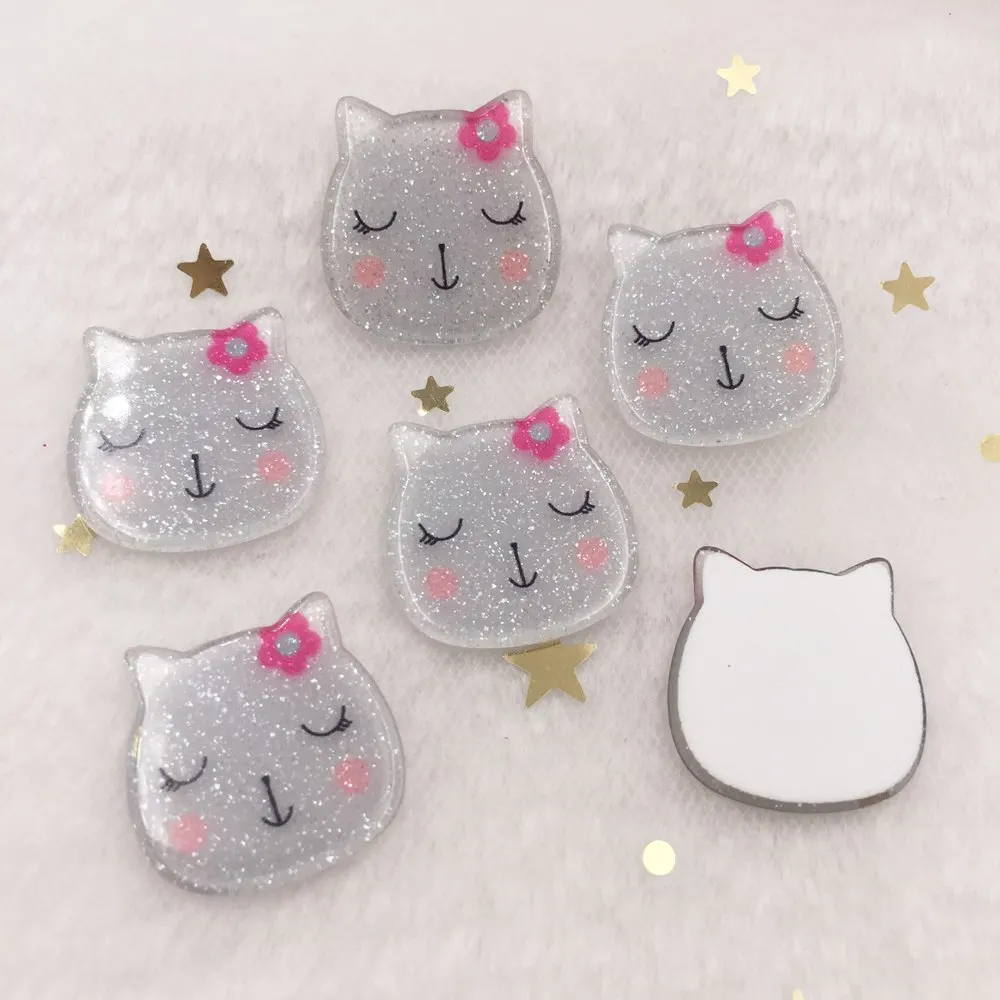 Glitter Colorful cute Grey cat  Flat back Acrylic sheet Miniature pattern applique DIY Wedding scrapbook Home Decor crafts