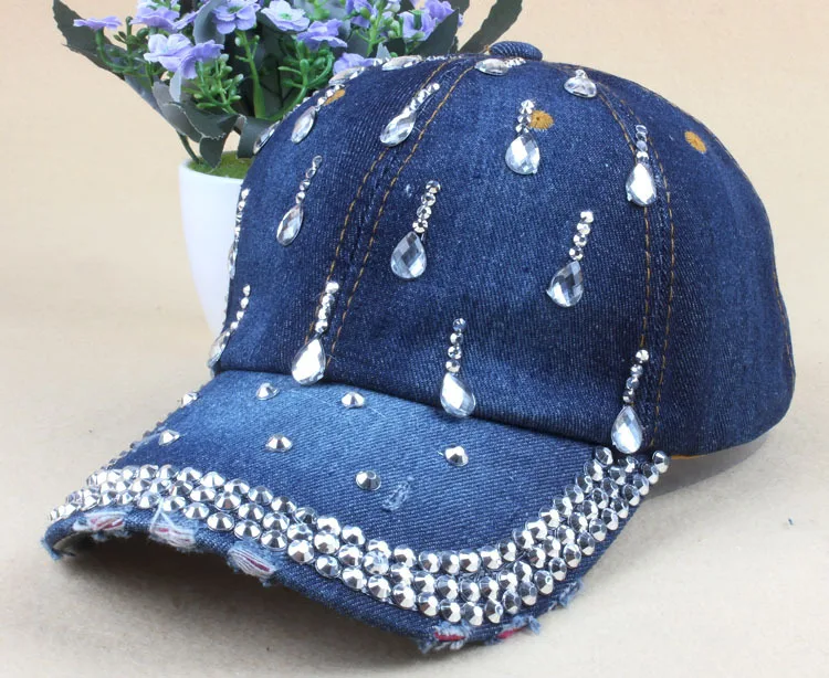 New Denim Hip Hop Caps Fashion Leisure Woman Cap With Water Drop Rhinestones Vintage Jean Cotton Baseball Caps For Men Hot Sale