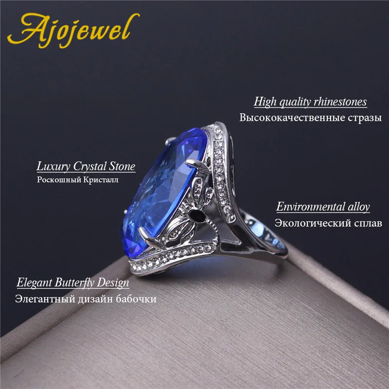 Ajojewel Big Blue Crystal Dragonfly Rings For Women Silver-color Insect Statement Jewelry Elegant Gift