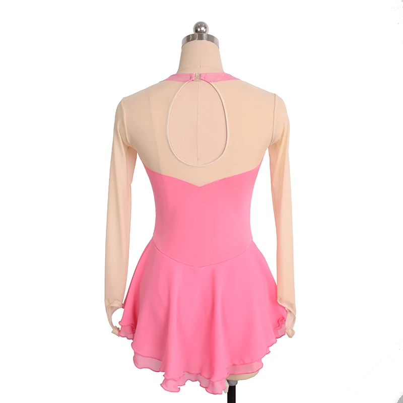 Sexy Skating Dress Pink Long Sleeves Round Neck Figure Skating Girl Spandex Dance Wearing Skirt