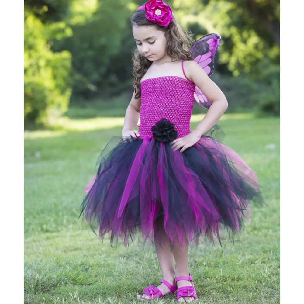 Black and Hot Pink Fairy Princess Cosplay Girl Tutu Dress for Halloween Party Butterfly Inspired Costume Kids Baby Tutu Dress