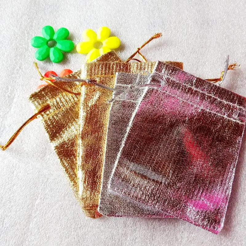 50pcs 7x9cm Gold Silver Drawstring Packaging Display Bags Metallic Foil Organza Fabric Bag Pouches Christmas Wedding Gift Bags