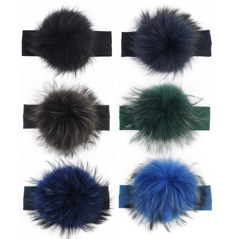 15cm Raccoon Faux Fur Pompoms Baby Headband Cotton Children Girls Elastic Hair Bands Turban For Girl Toddler Headbands