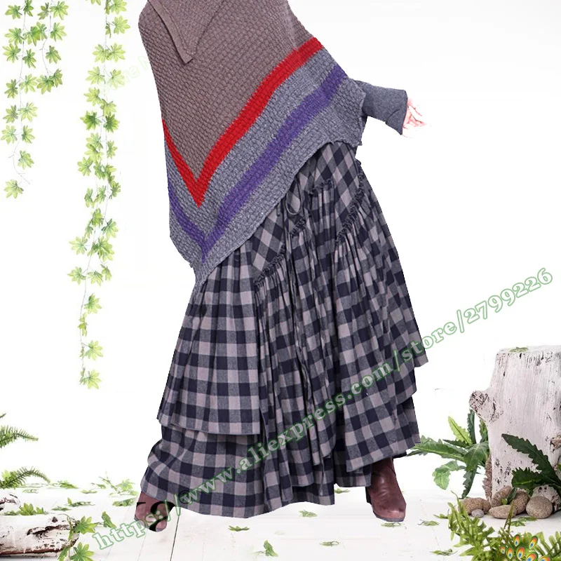 

Female Clothing Vintage Retro Style Casual Plus Size 5XL Cotton Plaid Grid Pleated Ladies Female Asymmetrical Maxi Skirts Womens