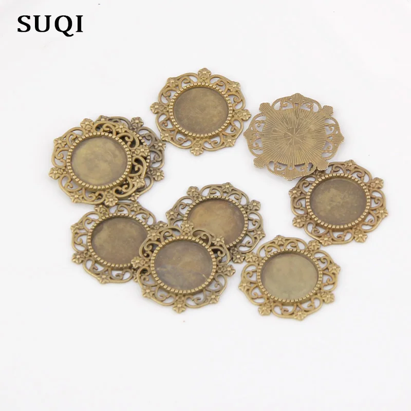 SUQI 10pcs 14mm zinc alloy bronze Cameo queen crystal glass Cabochon Base Setting Charms Pendant necklace brooches accessories