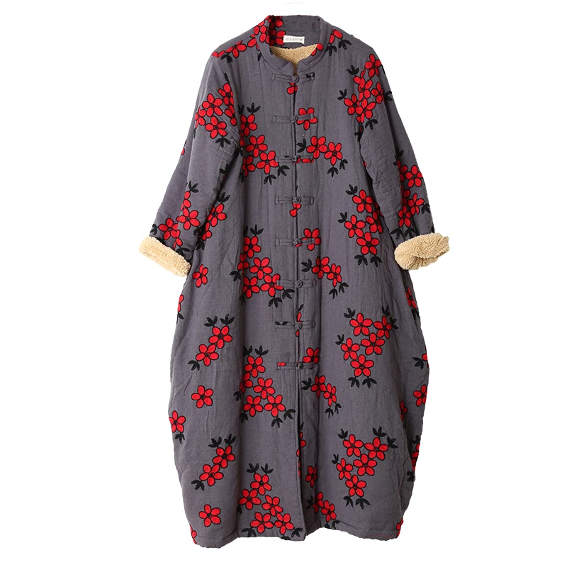 LZJN Women\'s Chinese-Style Floral Embroidered Trench Coat, Maxi Loose Overcoat, Windproof Fleece Jacket, for Autumn and Winter