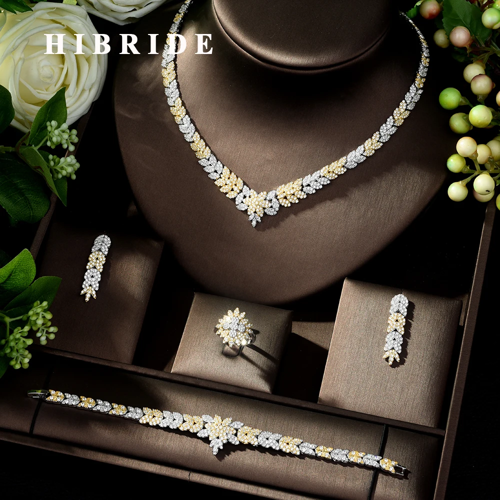 

HIBRIDE New Arrival AAA Cubic Zircon Necklace Earrings Jewelry Set Two-color Bride Wedding Jewelry Dress Accessories N-206