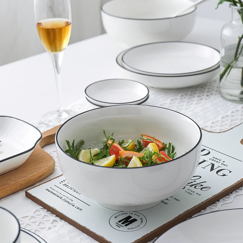 White With Black Edge Dinner Plate Set Ceramic Serving Tray Food Dishes Rice Salad Noodles Bowl Soup Kitchen Dinnerware