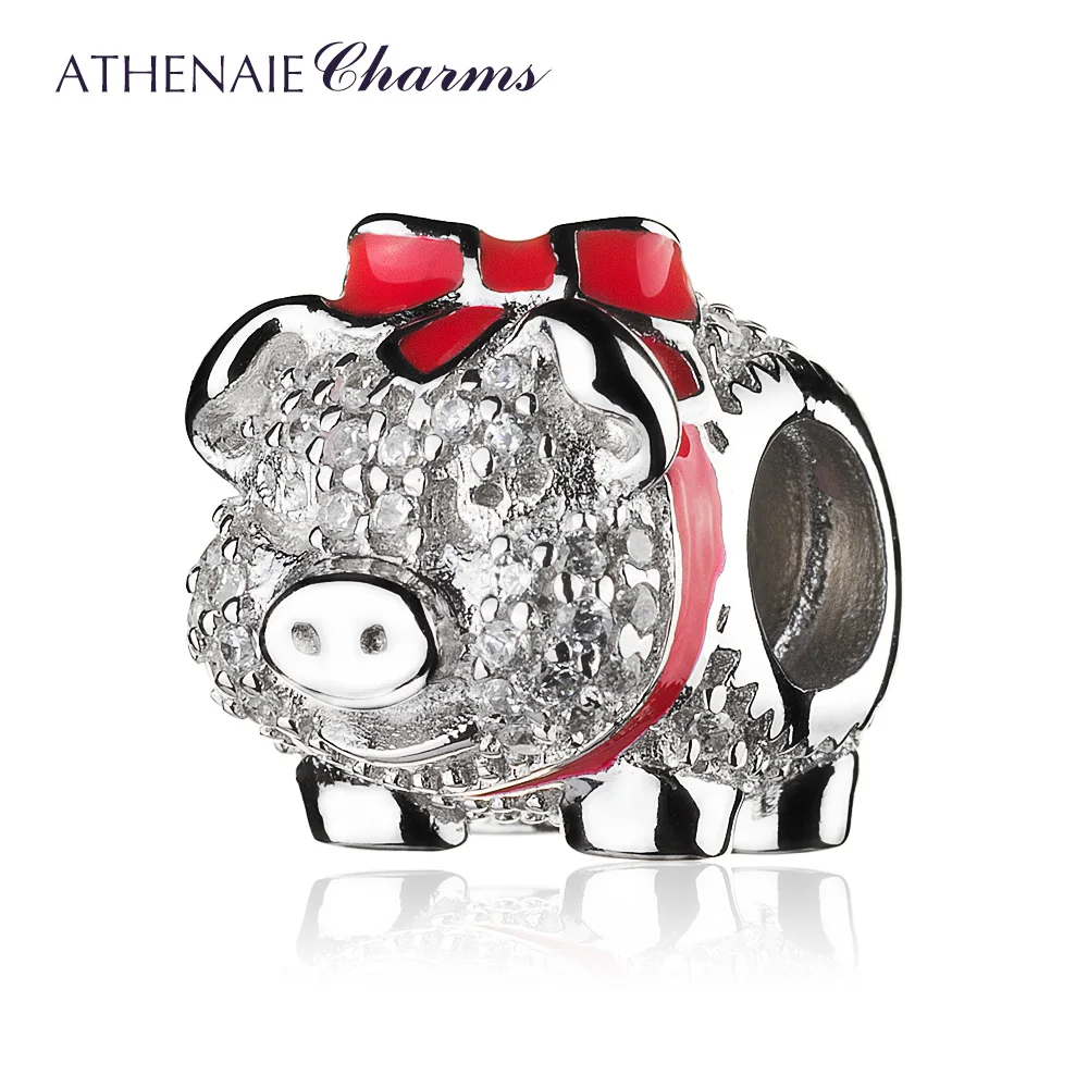 

ATHENAIE 925 Sterling Silver Red Enamel Bow Piggy Bank with Clear CZ Beads Fit Charms Bracelets DIY Jewelry