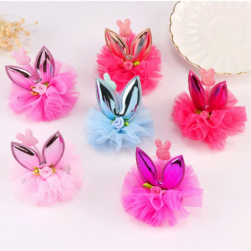 New Kids Hair Accessories Sweet Bunny Ear Girls\' Hairpin chiffon Flower Hair Clips Headwear Girl Birthday Gift For Party