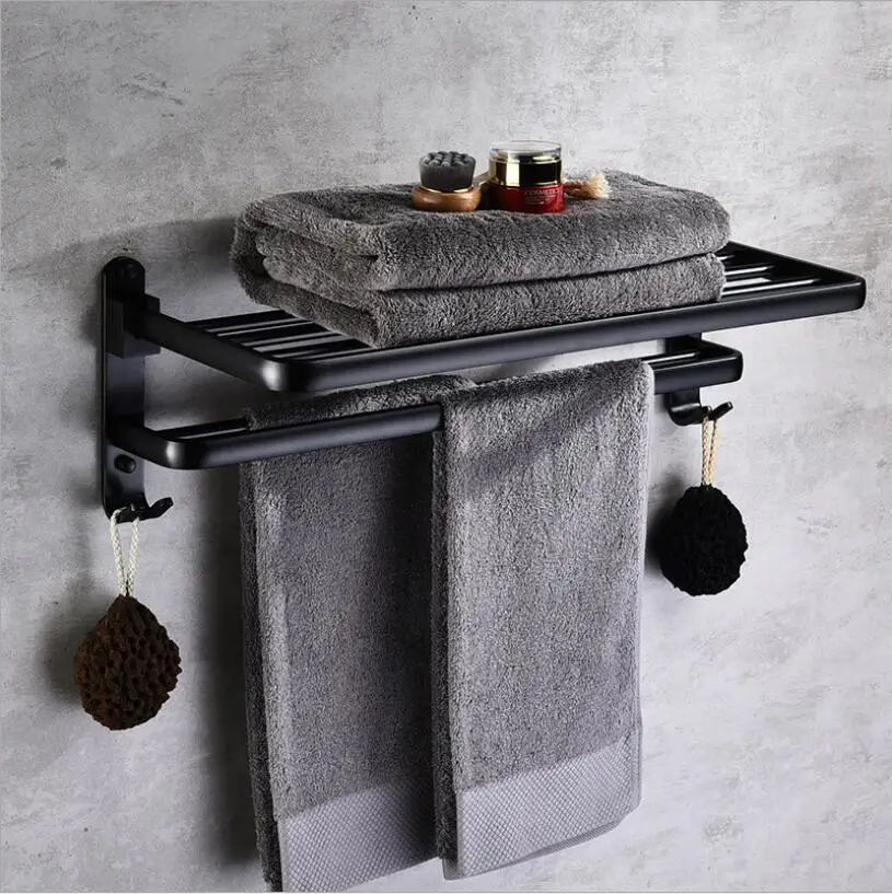 

Aluminum Alloy 63 cm Folding Bathroom Towel Rack Black Oil Brushed Foldable Fixed Bath Towel Holder Bath Shelves Towel Rail