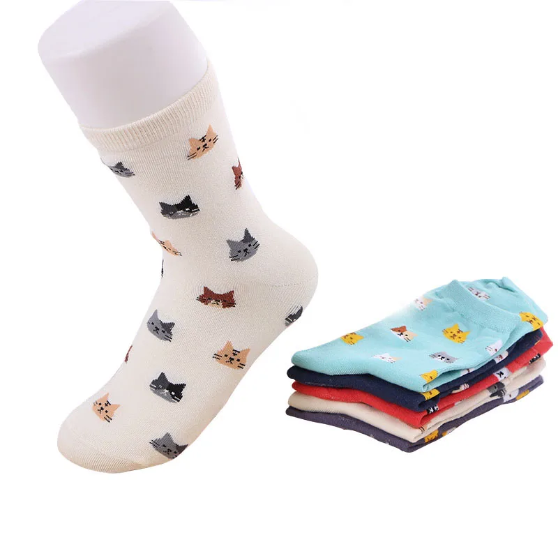 

5Pairs Spring Autumn Breathable Women Sock Funny Colorful Cartoon Cat Face Girl Socks Lovely Art College Fashion Socks Calcetine