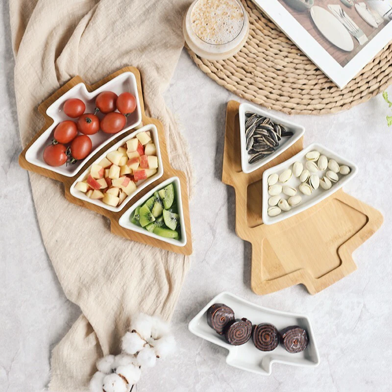 Ceramic Plate Food Tray Wood Stand Christmas Plate Tree Shape Tray Flat Dish Creative Decoration Food Container Sushi Assiette