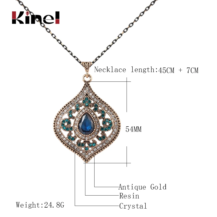 Kinel Fashion Blue Crystal Pendant Necklace For Women Ancient Gold Color Bohemia Pendant Daily Fine Ethnic Vintage Jewelry