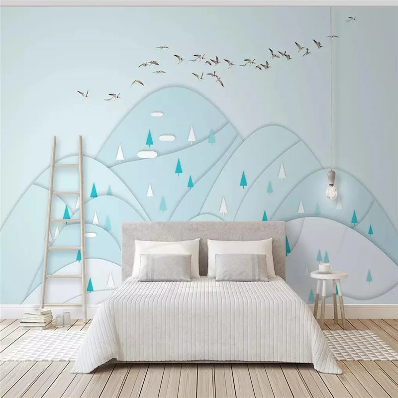 

Decorative wallpaper Nordic simple individual style landscape birds geometry light blue background wall