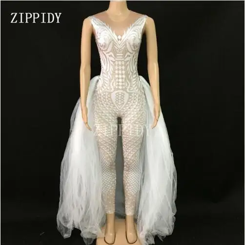 

New design White Pattern Tail Spandex Jumpsuit Mesh Trains Celebrate Rompers Outfit Women Singer Dance Leggings Outfit