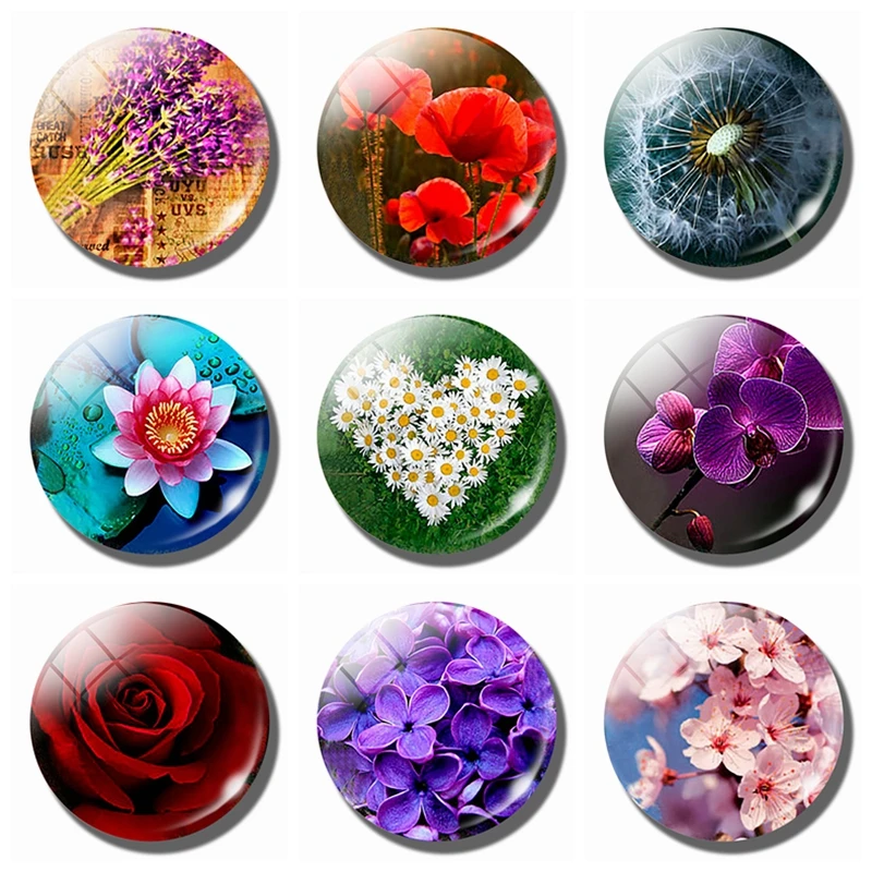 Glass Fridge Magnet Rose Dandelion Poppy Lotus Cherry Blossoms Orchid Daisy Whiteboard Refrigerator Magnets 30mm