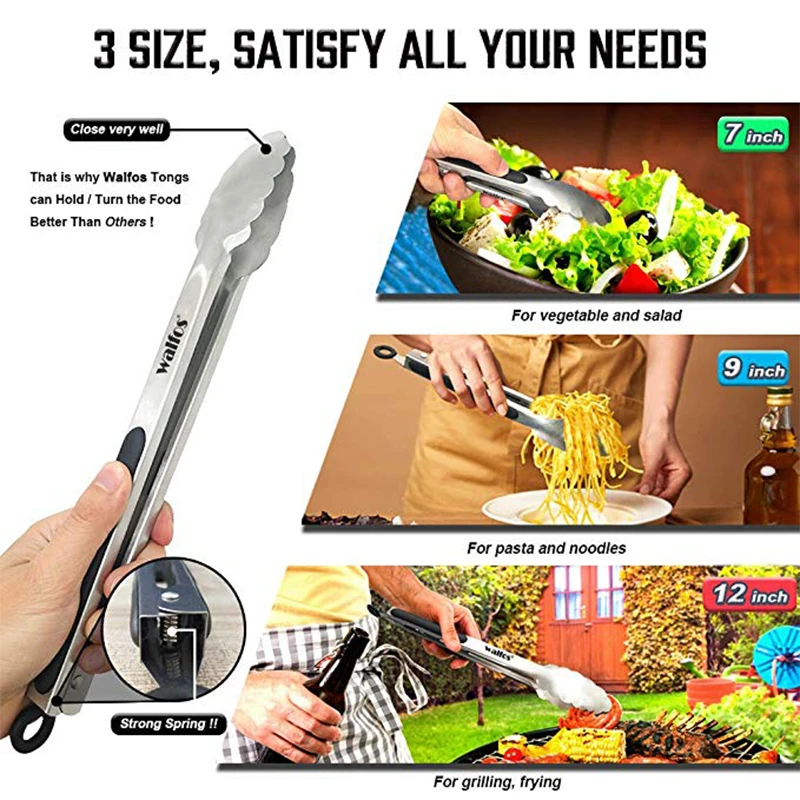 WALFOS BBQ Grilling Tong Salad Serving Food Tong Stainless Steel Metal Kitchen Tongs Barbecue Cooking Locking Tong Food BBQ Clip