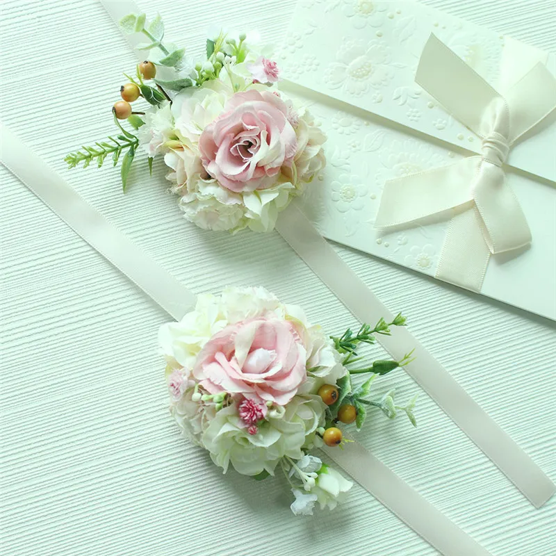 Lovegrace Hochzeit Frauen Boutonnieres und Handgelenk Corsage Grüne Pflanze Hand Blumen Braut Handgelenk Blume Rosa Braut Bouquet Zubehör