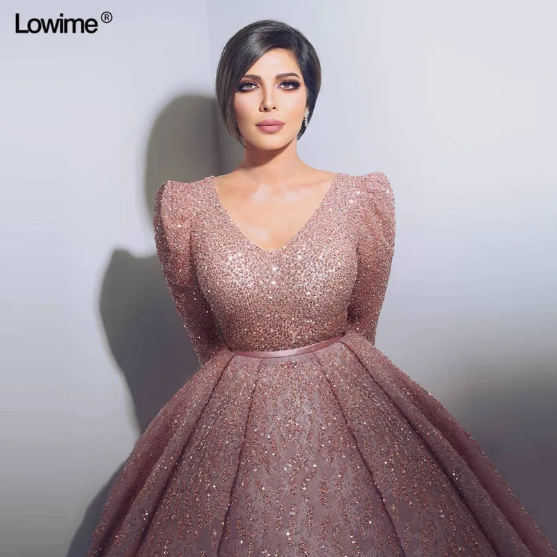 Plus Size Sparkly Muslim Evening Dresses A-Line With Long Sleeves Dubai Turkish V-Neck Evening Gowns Beaded Celebrity Gowns
