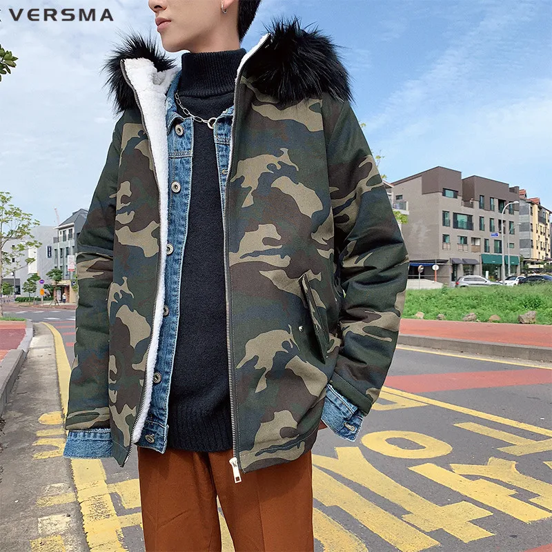 

VERSMA Hip Hop Camouflage Winter Parka Jacket Coat Men Korean Oversized Fur Hooded Padded Thick Youth Parkas Women Dropshipping