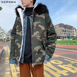 VERSMA Hip Hop Camouflage Winter Parka Jacket Coat Men Korean Oversized Fur Hooded Padded Thick Youth Parkas Women Dropshipping