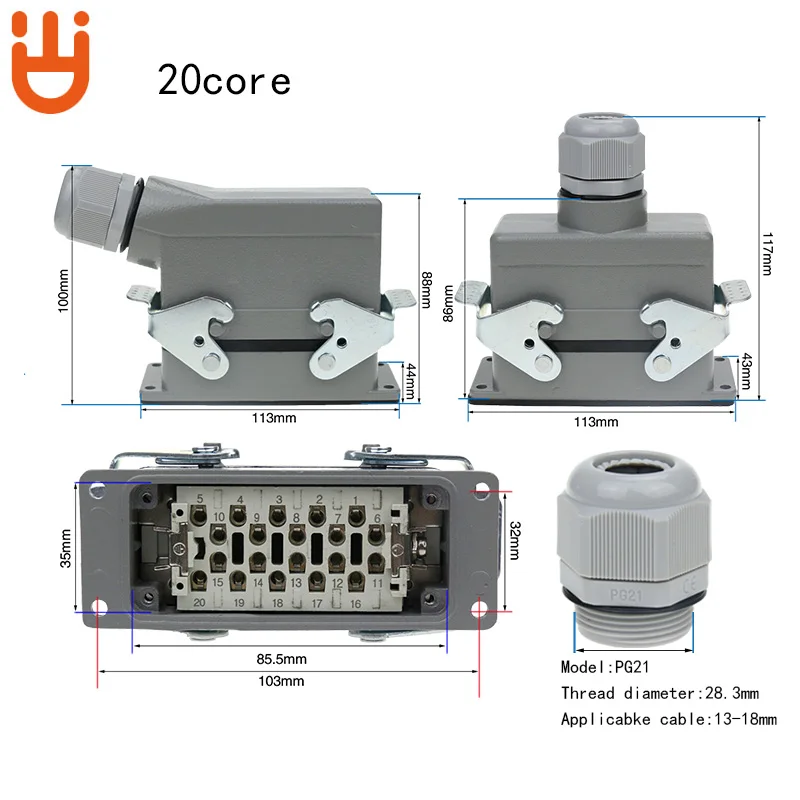 Rectangle Heavy Duty Connector  HDC-HE-04/6/16/20/24/32/48 Core Pins Aviation Industry Plug Socket Waterproof Connector 500V 16A