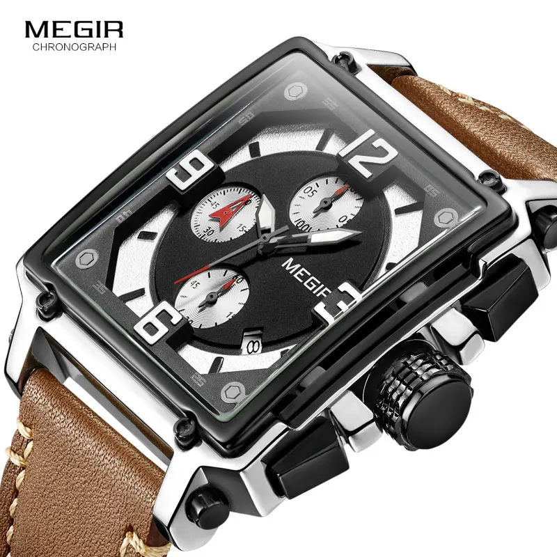 MEGIR Men\'s Square Quartz Wrist Watches Clock Army Sports Casual Chronograph Stop Watch Leather Relogios Masculino 2061Brown