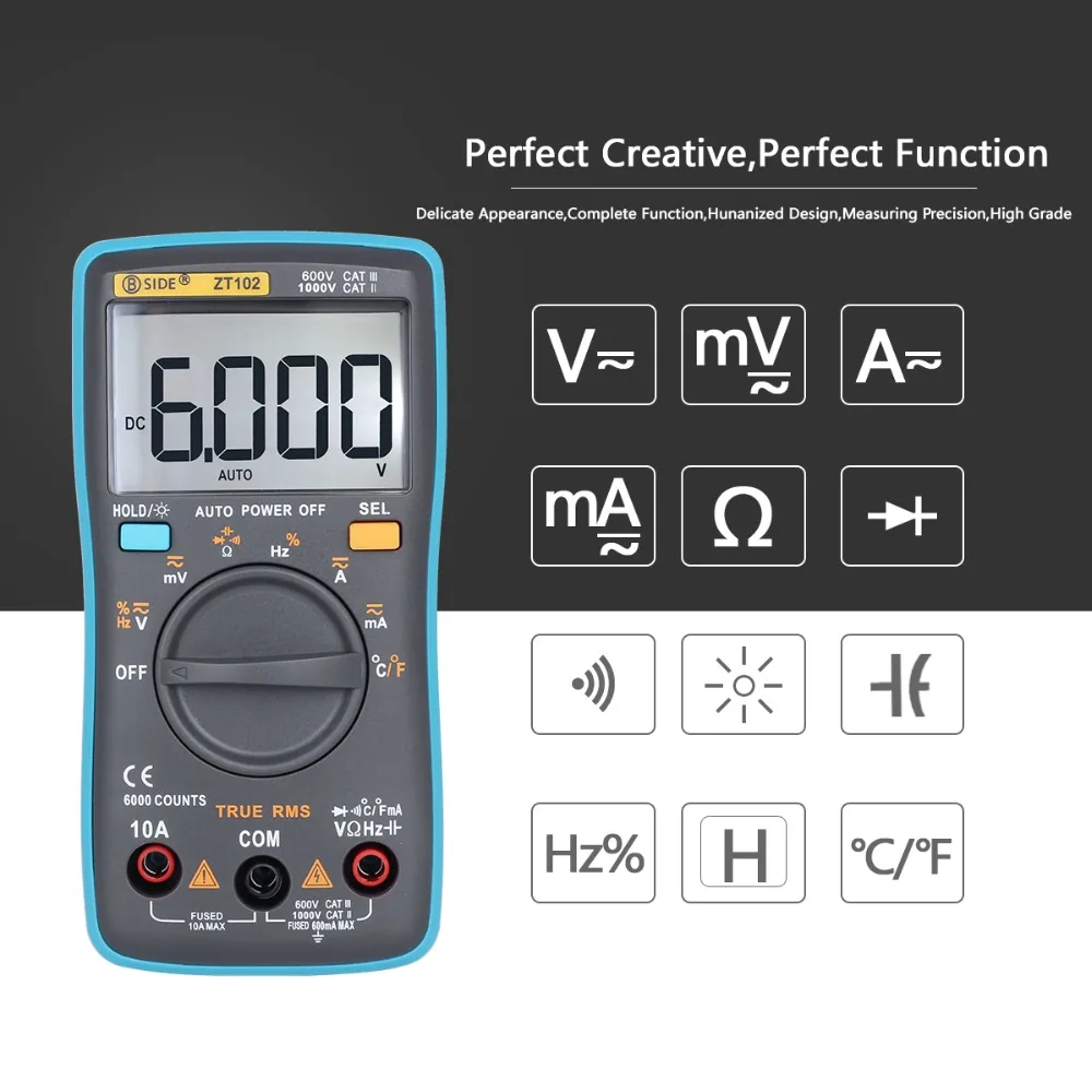 BSIDE ZT102 Ture RMS Digital Multimeter AC/DC Voltage Current Temperature Ohm Frequency Diode Resistance Capacitance Tester