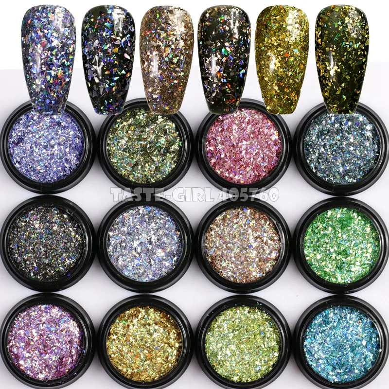 Sparked Irregular Fragmento Em Pó, Acrílico Nail Art, Decoração Chip Holográfica, Dica DIY, Glitter Colorido, GLS1-12 #, 1 Jar