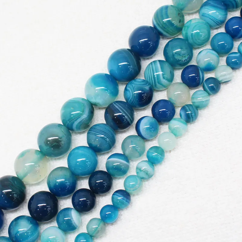 Wholesale 4-12mm Light Blue Stripe agates Round Loose Beads 15