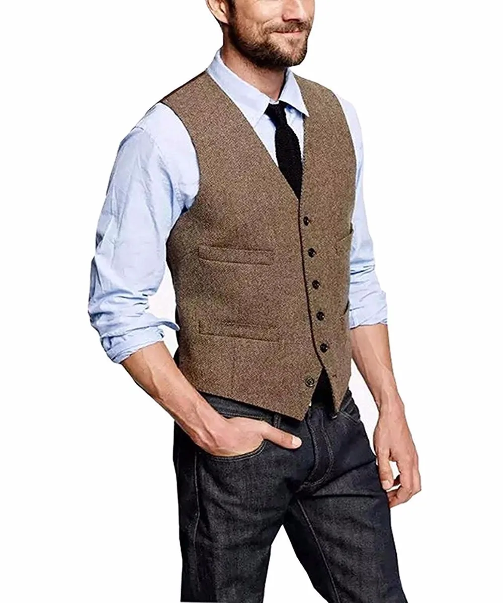 Mans Suit Vest Wool Herringbone Formal Groom\'s Wear Suit Vest Men\'s Wedding Tuxedo Waistcoat Plus Size