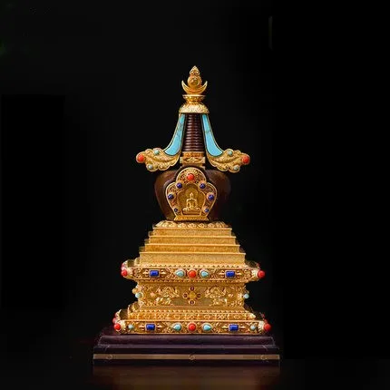 

China Tibet Exquisite Pagoda Ornaments Pure Copper Inlaid Gemstone Bodhita Stupa Home Furnishing Articles