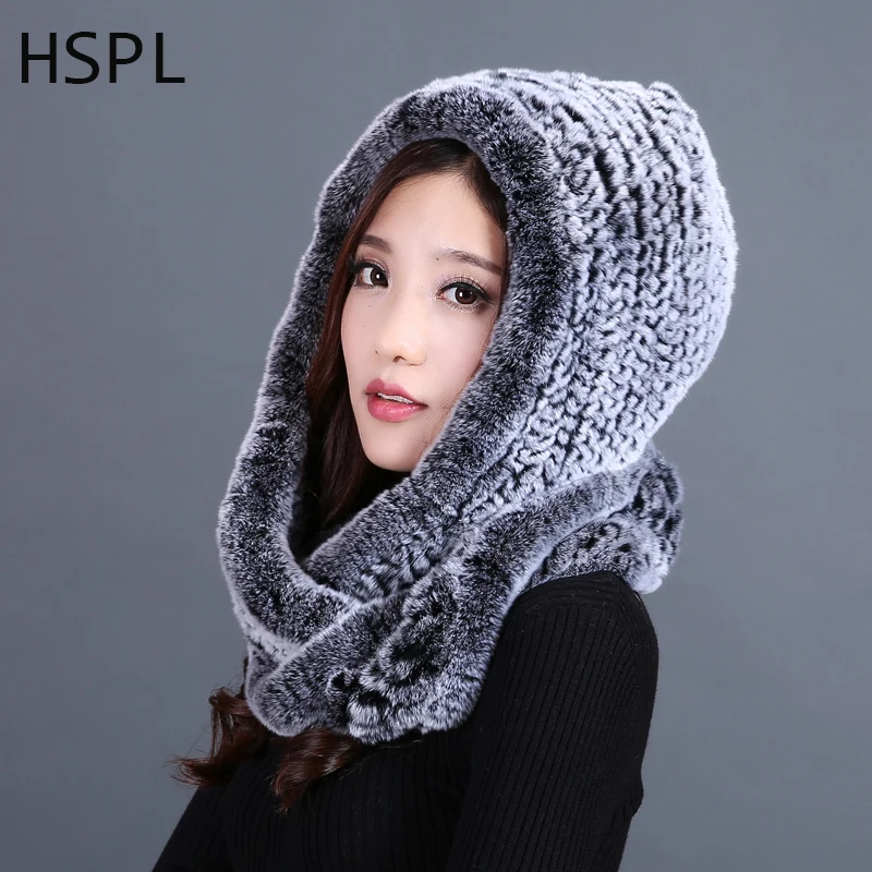 HSPL Fashion Winter Rex Rabbit Fur Knitted Hat With Scarf For Girls