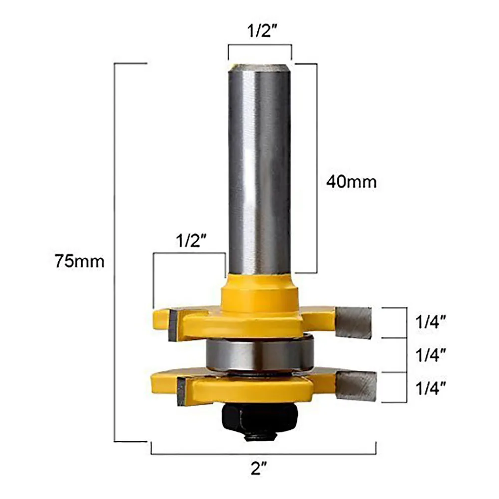 Tongue and Groove Router Bit Set, Wood Door Flooring 3 Teeth Adjustable, 1/2 1/4 Shank T Shape Milling Cutter Woodworking Tool