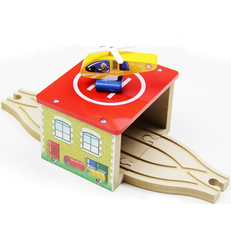 

P050 Hot Wooden houses + helicopter apron train combination package compatible wooden train tracks train the necessary scenes