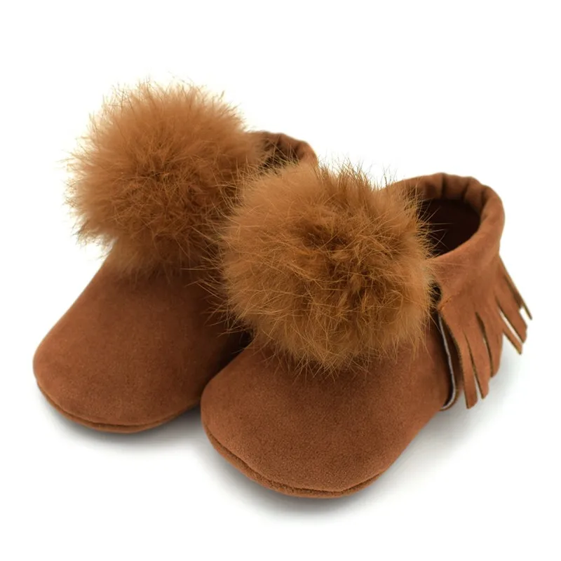 COOTELILI – chaussures à pompon pour bébés filles, bottes de princesse à semelle souple, en vraie fourrure, pour premiers pas de nouveau-né