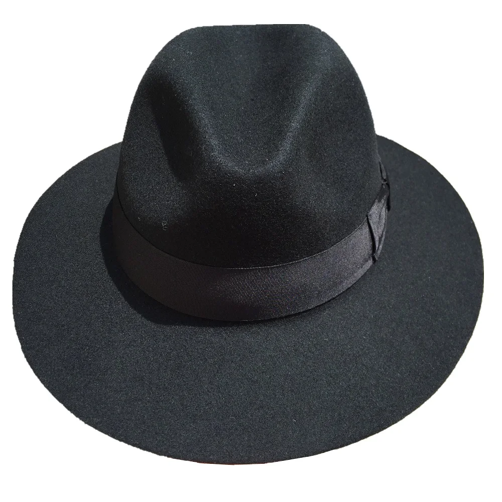 Fashion Black Wool Felt Wide Brim Fedora Hat For Men or Women -7 cm Brim