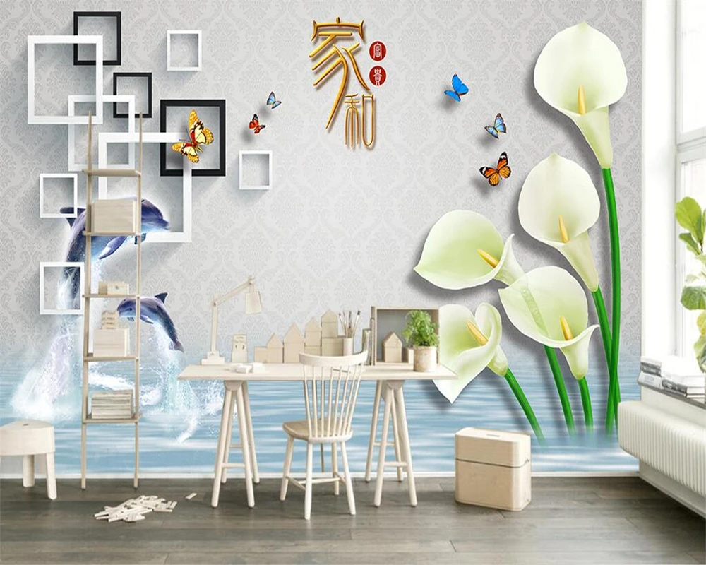 

Beibehang Custom Wallpaper Living Room Bedroom Mural Dolphins Square Reflection Patterns Horseshoe Lips Relief Mural wallpaper