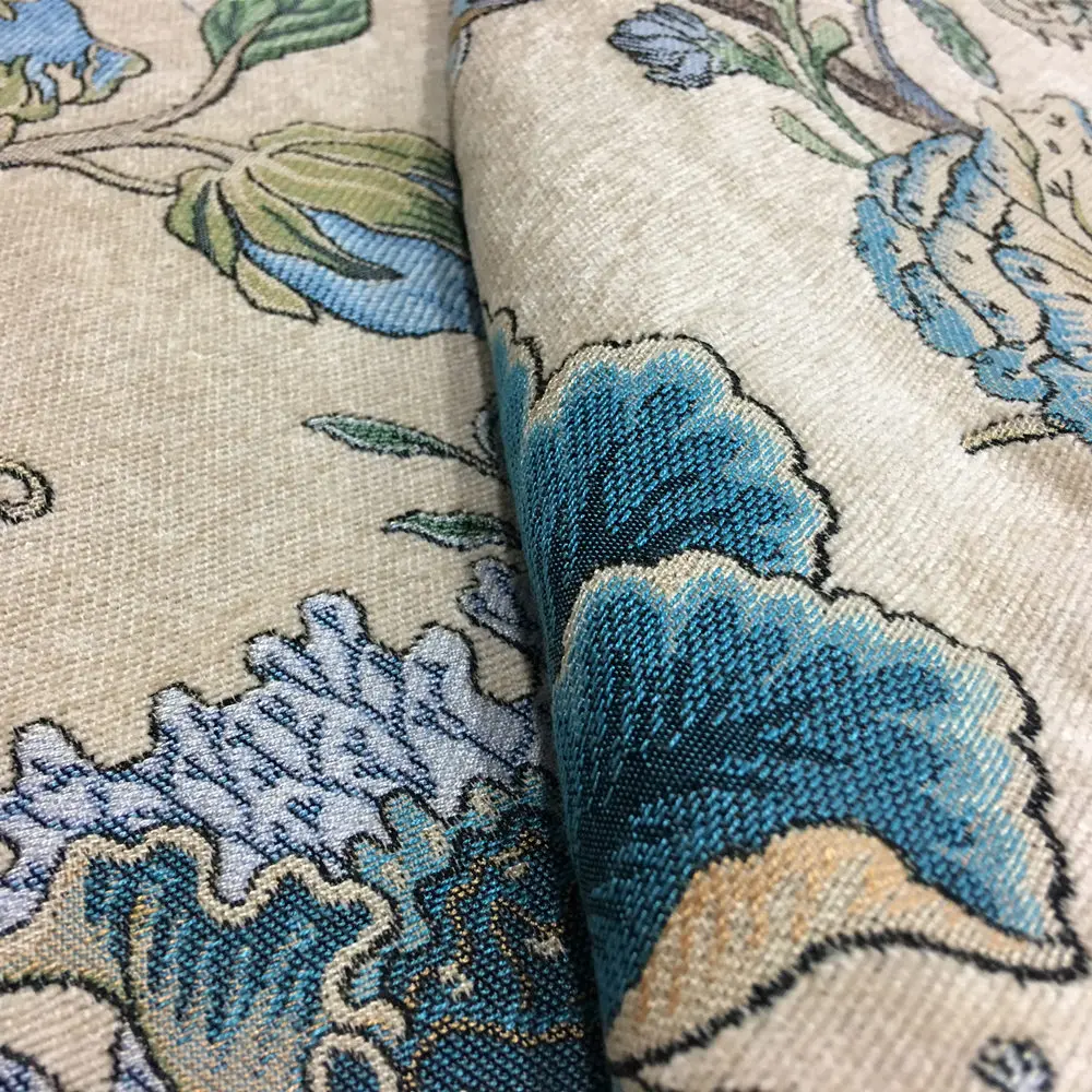 Di lusso Classico Fiori Jacquard Blu Scuro Beige Ciniglia Designer Panno Poltrona Tenda Divano In Tessuto Floreale 280 centimetri 1 metri/lotto