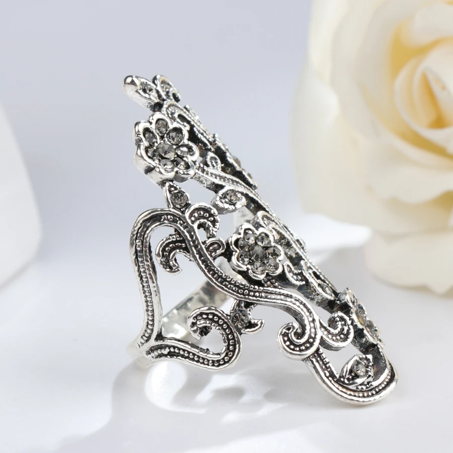 Kinel Graceful Antique Tibetan Silver Crystal Flower Rings For Women Vintage Jewelry Gray Crystal Big Ring Party Accessories