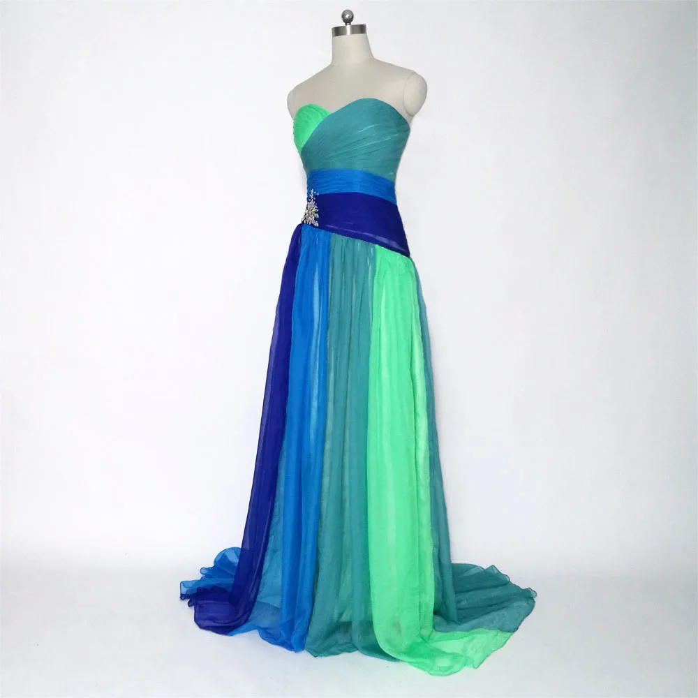 E JUE SHUNG abiti da sera lunghi in Chiffon colorato Multi Color Crystal plisat Lace Up Sweetheart Prom Dresses