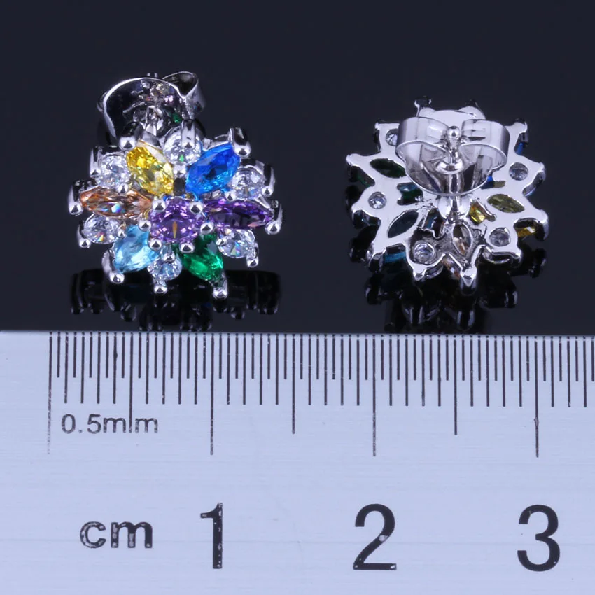 Cute Flower Multigem Multicolor Yellow Cubic Zirconia Silver Plated Stud Earrings V0388