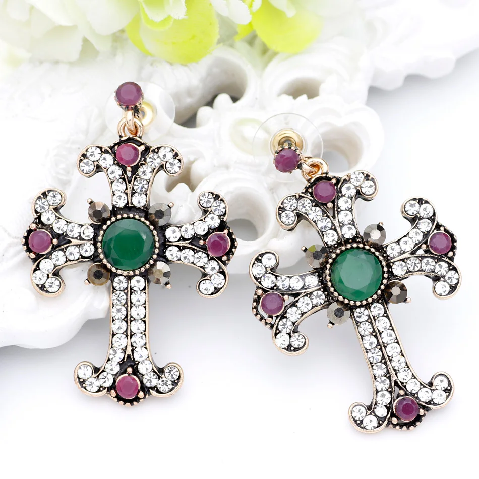 Holy Gorgeous Vintage Cross Dangle Earring Antique Gold Color Women Resin Jewelry For Religious Activities Indian Drop Earrings