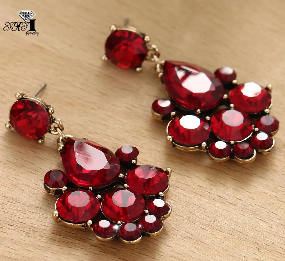 YaYi Jewelry New  Red Glass Gray Rhinestone Dangle Crystal Earring Women's Fashion Ancient Gold Color Gem Long Earrings 1164