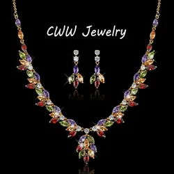 CWWZircons Beautiful In Colors Top Quality CZ Crystal Big Drop Flower Necklace Earrings Jewelry Sets For Women Gift  T069