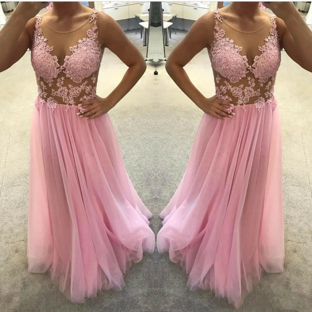 2019 puro laço apliques a linha vestidos de baile tule trem varredura longo formal júnior rosa vestidos de festa à noite