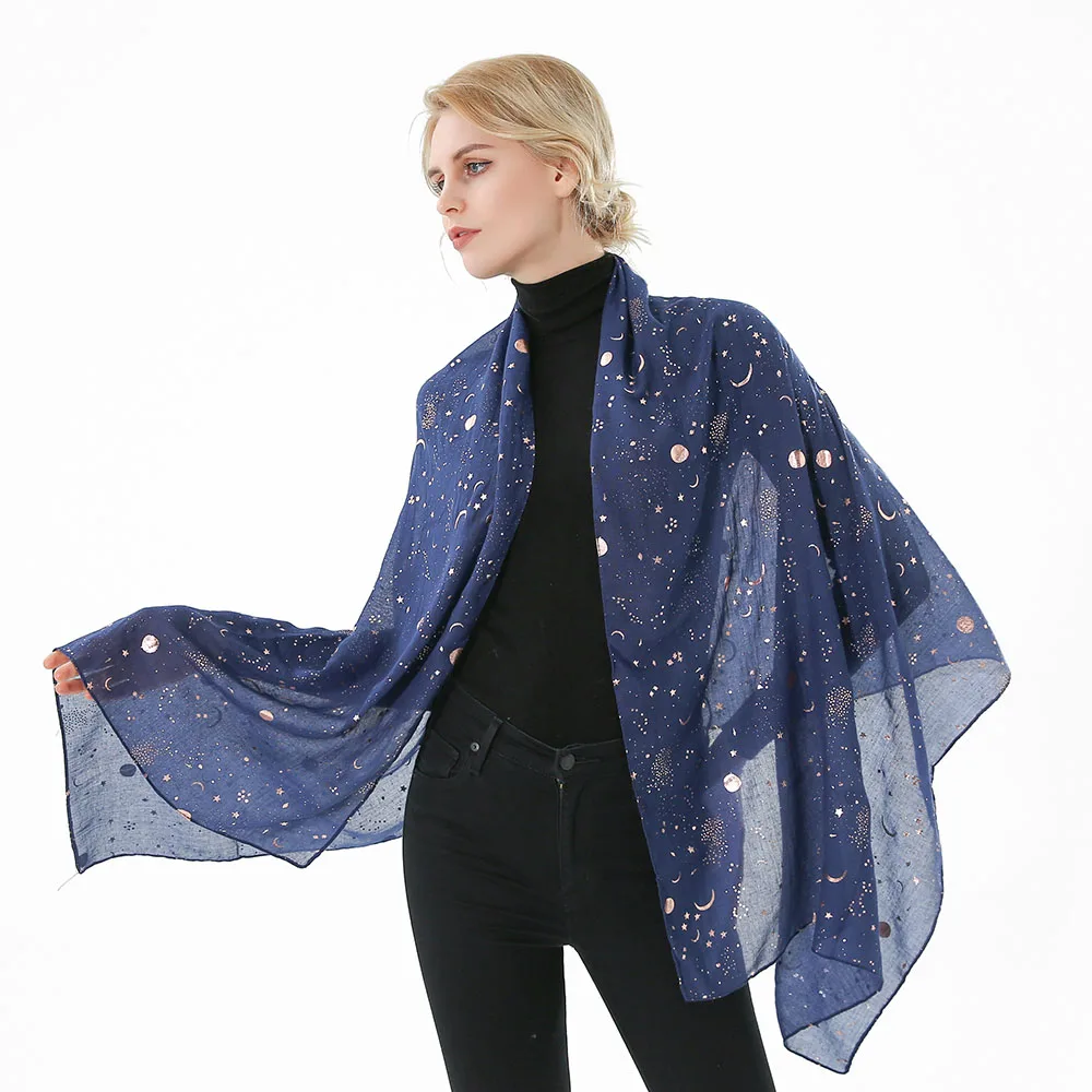 Winfox 2019 New Fashion Navy Star Moon Foil Gold Glitter Echarpe Foulard Scarf Hijab Shawl Women Ladies Spring Scarves