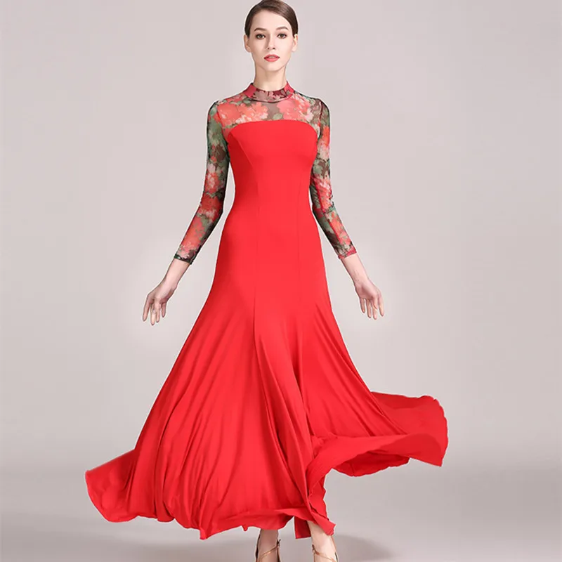 Vestidos de valsa latina costura floral, Trajes de dança lírica, vestido de baile, roupas de dança, Foxtrot Flamenco