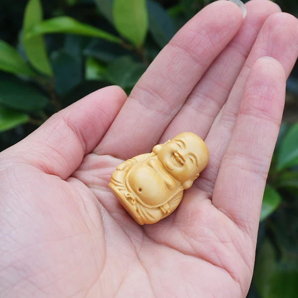 Natural Boxwood Beads Carved Smiel Boddha Yellow Pendant Tiny Charms Mala Japa Beads Bracelet Jewellry Findings DIY Accessories